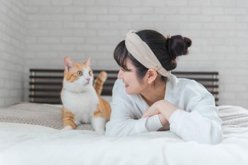 猫と見つめ合う女性
