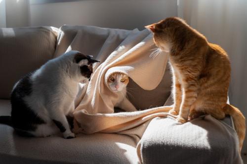 ソファの上で遊ぶ3匹の猫