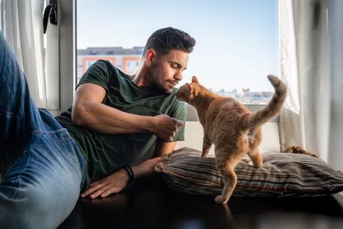 猫と会話する男性