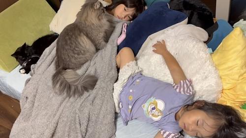 2匹と姉妹が寝ころぶ様子の全体写真