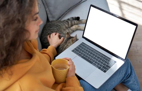 猫と一緒にパソコンを見る女性