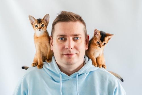 男性の肩に乗る2匹の猫