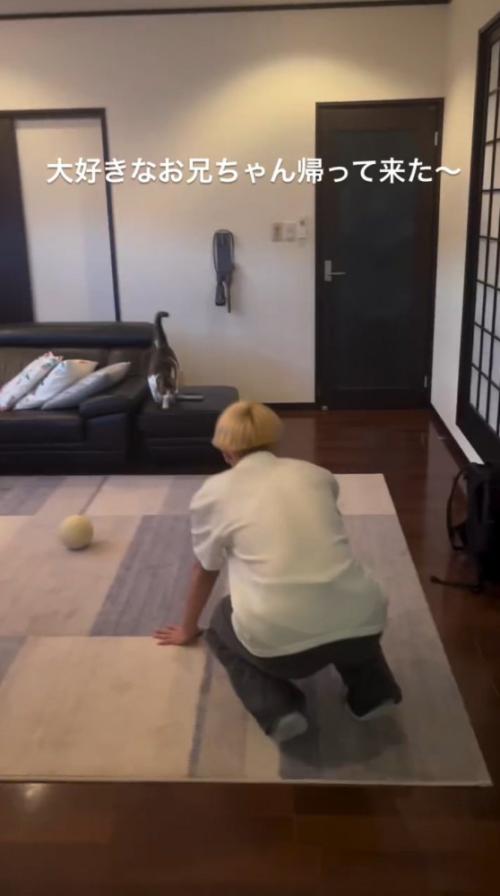 しゃがんで猫が寄ってくるのを待つ男性