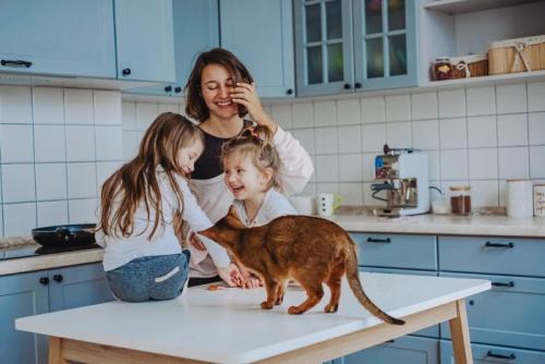 人間の親子とテーブルに乗る猫