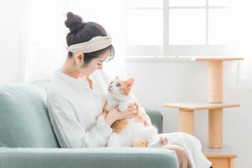 猫を膝に抱く女性