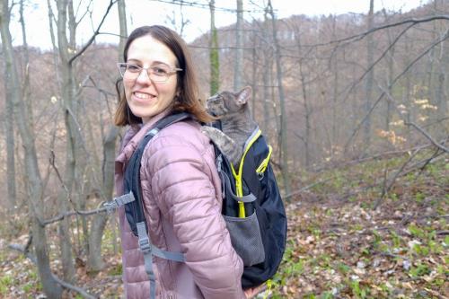 猫をバッグに入れて歩く白人女性
