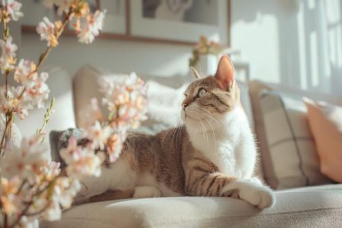 飾られた花と猫