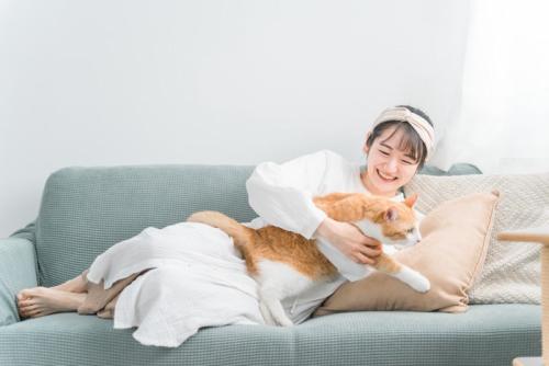 女性から逃げようとする猫