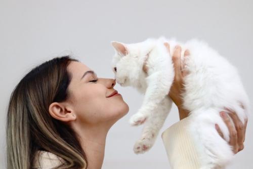 猫を抱き上げて顔を寄せる女性