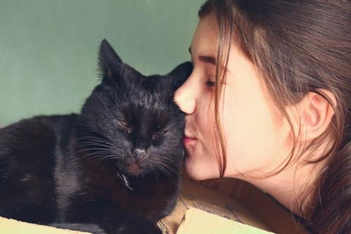 黒猫にキスする飼い主