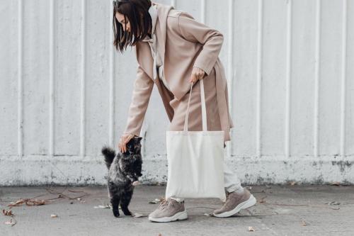 買い物バッグを持った女性と猫