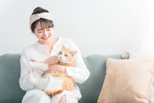 猫を膝の上で撫でる女性