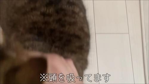 ヘッドマウント式スマホ固定スタンドをつけたまま頭を吸った様子
