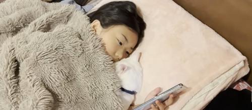 ベッドに寝ている子どもと猫