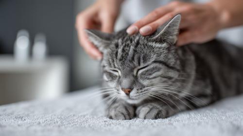 頭を撫でられる眠そうな猫