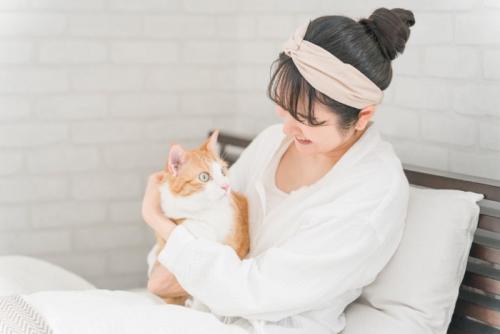猫をなでる日本人女性