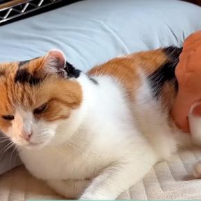 ご飯を食べ終えてくつろぐ三毛猫→お腹をつまんでみたら…たまらなく『愛おしい光景』に「本当に柔らかそう」「心から信頼しているね」の声