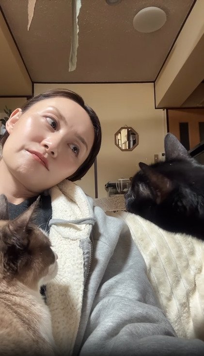 首をかしげる飼い主と猫2