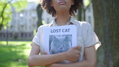 行方不明猫のポスターを抱く少女