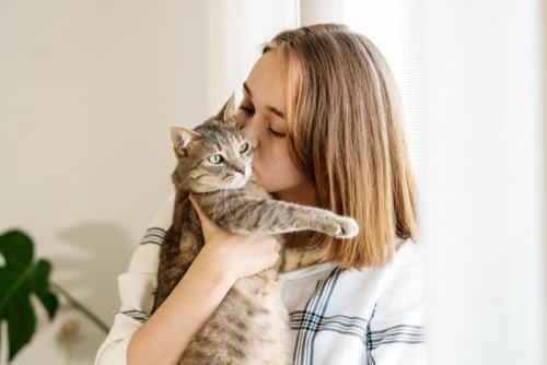 女性にキスされる猫