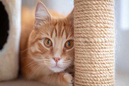 爪とぎの間からかくれんぼする猫