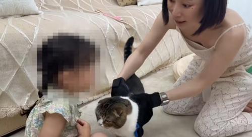 猫を手袋で挟み込むママさん