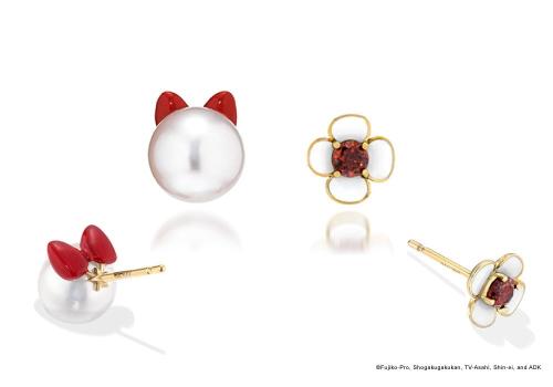 ワンサイドピアス ドラミ赤リボンとガーネット花モチーフ