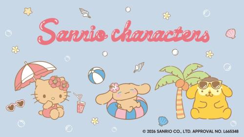 GU×サンリオキャラクターズ コラボ ハローキティ・シナモロール・ポムポムプリン ビーチデザイン キービジュアル