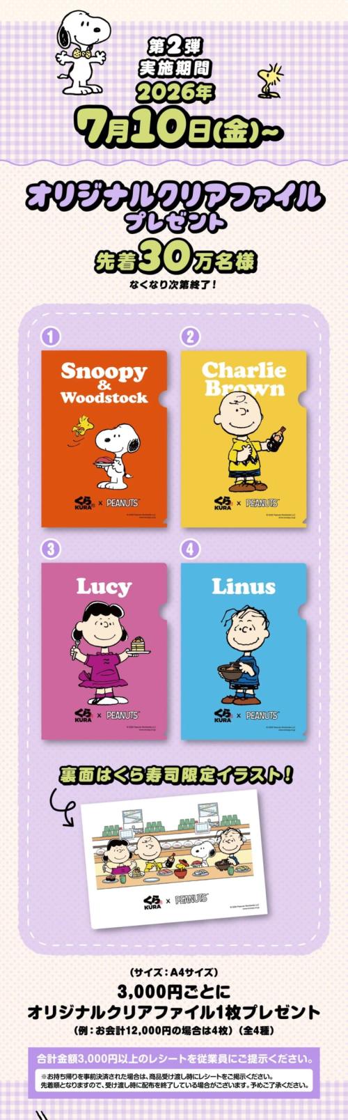 くら寿司PEANUTSコラボ 第2弾オリジナルクリアファイル全4種