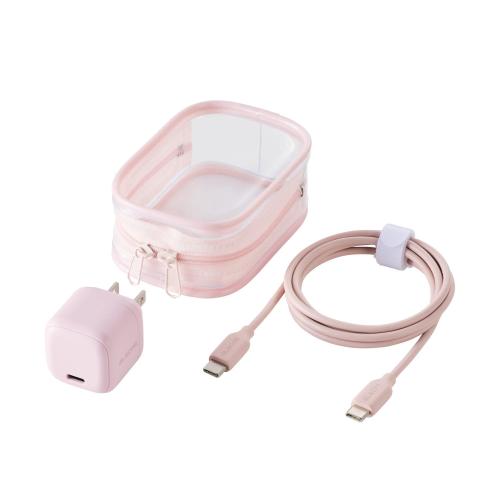 シャーベットピンクの充電器・ケーブル・ポーチ