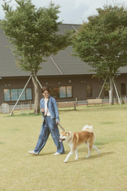 秋田犬と歩くデニム姿の立石俊樹