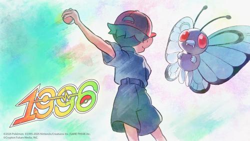 1996のタイトルとモンスターボールを掲げる子ども、バタフリー