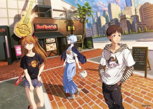 ハードロックカフェを背景にロゴTシャツを着たアスカ・レイ・シンジの描き下ろしアート