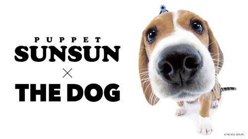 PUPPET SUNSUN×THE DOGのロゴとビーグルの頭から顔をのぞかせるスンスン