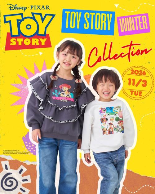 トイ・ストーリー冬コレクションの発売告知と子どもモデルの着用例