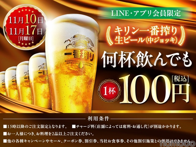 魚民や目利きの銀次などで生ビールが100円に!11/10と11/17にキャンペーン実施