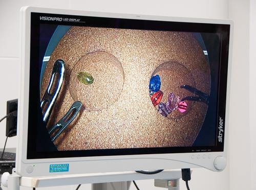 「腹腔鏡鉗子」を用いた作業を疑似体験する様子。遠隔モニター越しに患部に見立てたビーズを移し替える