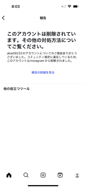 偽アカウントはInstagramの規約違反で削除されたことが発覚
