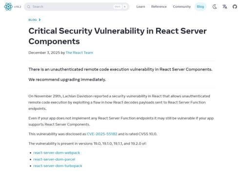 React開発チームは12月3日付で公式にこの問題を公表