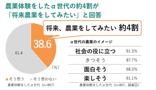 農業体験をしたα世代の約4割が「将来農業をしてみたい」と回答