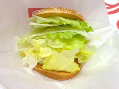 一口目、レタスしか来ない ドムドム「ほぼレタスバーガー」がとっても緑