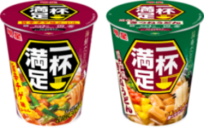 「明星 一杯満足 旨辛チゲ味ヌードル / きつねうどん」8月3日(月)新発売、「明星 一杯満足」3品7月上旬リニューアル
