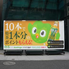 Duolingoの人気キャラクター“デュオくん”が原宿に出現! 『特茶×Duolingo』の異色コラボ広告をジャック!?