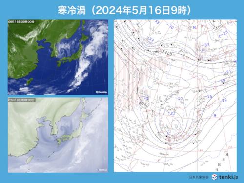 2024年5月16日の寒冷渦の事例（左上：気象衛星赤外画像、左下：気象衛星水蒸気画像、右：高層天気図）