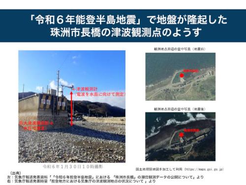 令和6年能登半島地震の際、地盤が隆起してしまった珠洲市長橋のようす（気象庁資料より）
