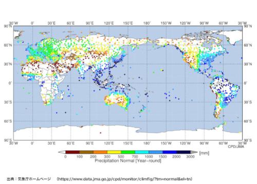 世界の年間降水量の分布(1991~2020年の平年値)(出典:気象庁HP)