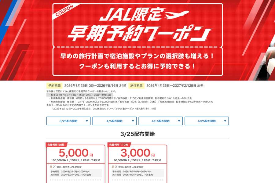 ヤフートラベル、「JAL限定早期予約クーポン」を追加配布 最大5,000円割引