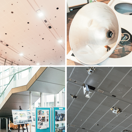 復旧されたホールの天井。銀灯はすべてLEDに、天井のパネルも軽く舞うように落ちるパネルに変更された。被災時に落ちた、水銀灯と40kg近い水銀灯カバー。被災直後、剥がれ落ちたホー ルの天 井。現在のグランメッセ熊本のロビーには、被災時の様子を伝える写真や新聞を展示。