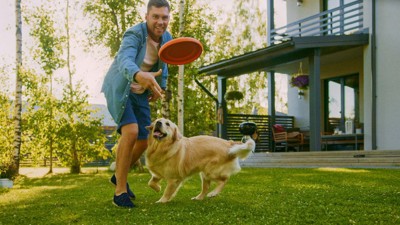 庭で犬と遊ぶ男性