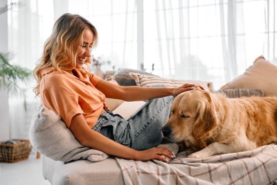 ソファの上で愛犬を撫でる女性